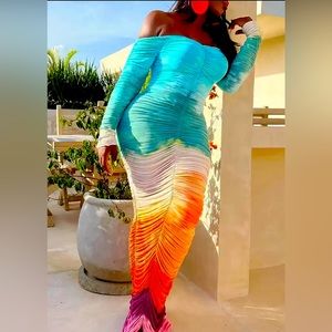 Tie Dye off the shoulder long sleeve bodycon slim dress